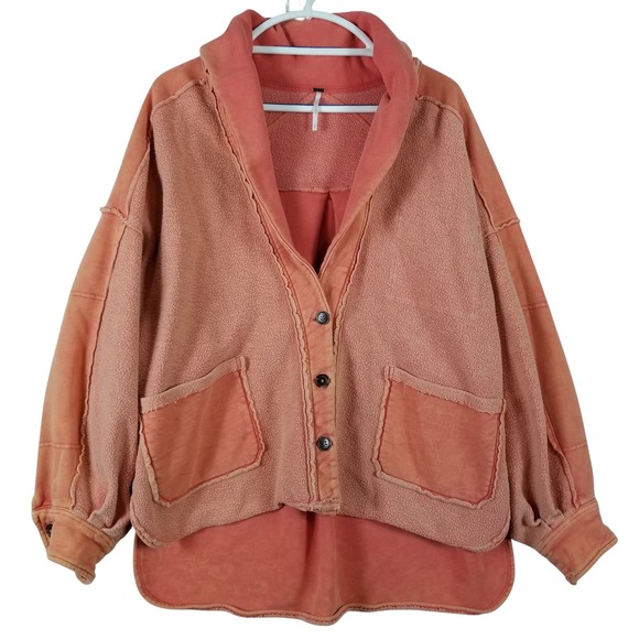 Free People Jackets & Blazers - Free People Womens Coral Orange High Low Button Up Fleece Jacket Small OB1125265